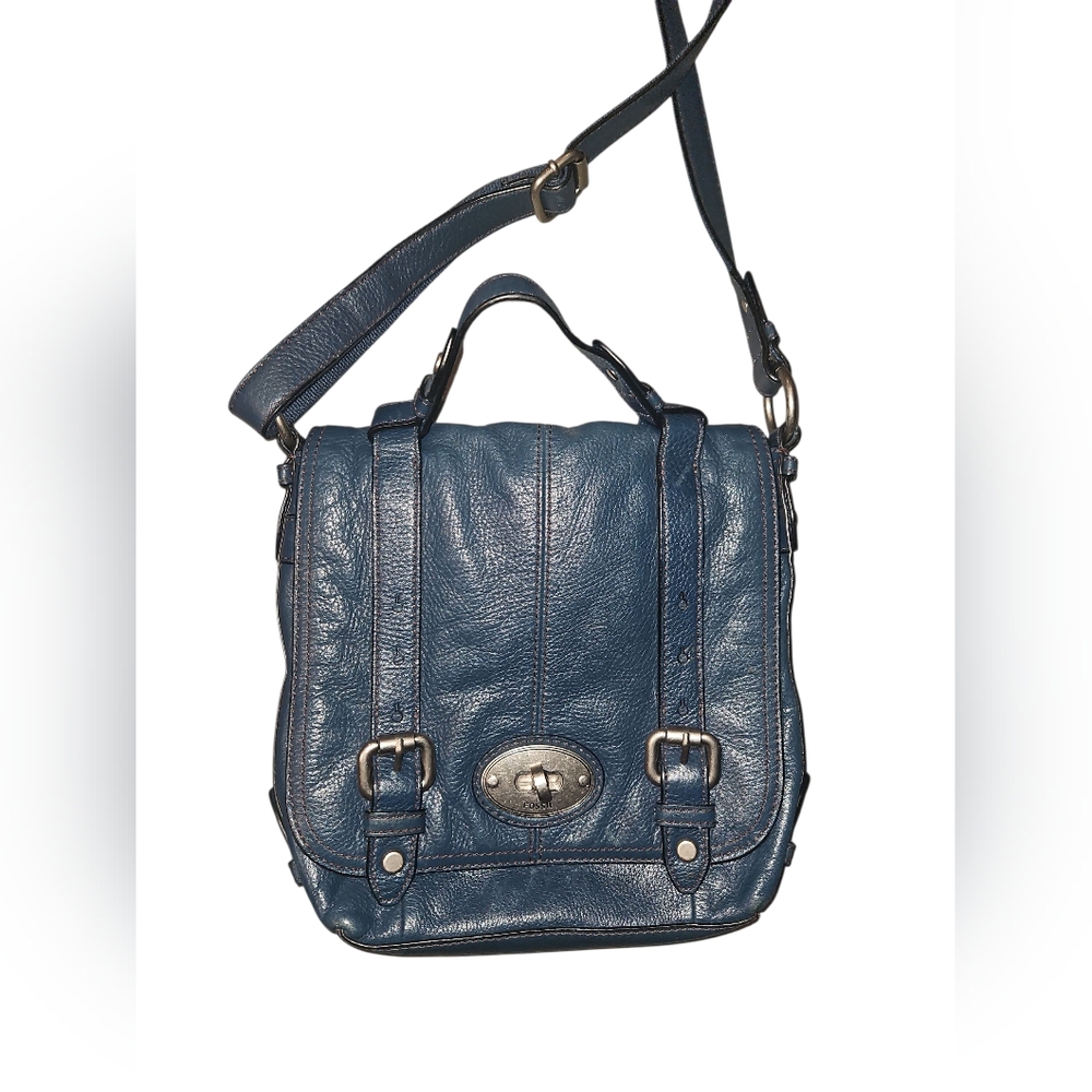 Fossil Maddox Versatile Organizer Satcel Tote In Pebbled Navy Blue Leather